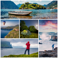 Summer collage. Set of beautiful summer landscapes arranged in a square. Traveling to the gorgeous  mountains, green meadows and fantastic seascape.