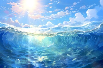 Ocean in blue and white in the style of anime art created with Generative AI technology  