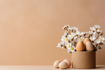 Festive Gift Box, Easter Eggs, and Flowers Bouquet on Beige Background - Created with generative AI tools