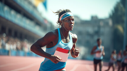  Closeup of African American woman athlete runner on track of stadium. Paris 2024. Olympic Games. Generative Ai content.