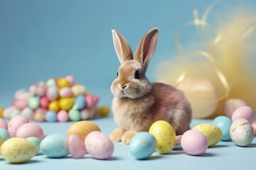 Pastel Easter Decorations with Bunny and Colorful Eggs Candy on Light Background - Created with generative AI tools