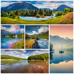 Summer collage. Set of beautiful summer landscapes arranged in a square. Nice outdoor scene of majestic mountains, green meadows and pure water rivers. Beauty of nature concept background.