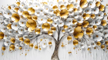 Foto op Plexiglas Arbre fleuri avec des fleurs blanches et dorées en relief - Décor pour carte de mariage - Générative IA © Concept Photo Studio