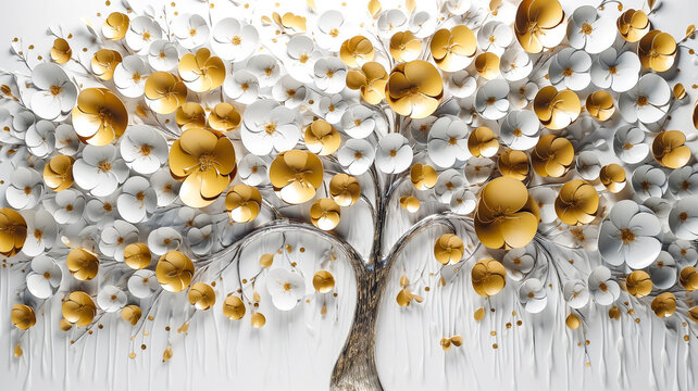 Arbre fleuri avec des fleurs blanches et dorées en relief - Décor pour carte de mariage - Générative IA