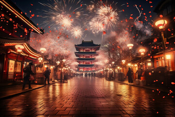 Obraz premium Vibrant Fireworks Illuminate Asakusa Shrine During Tokyo Night Celebrations