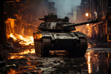 Armed conflict, military operation, tank battle on the streets of a destroyed city