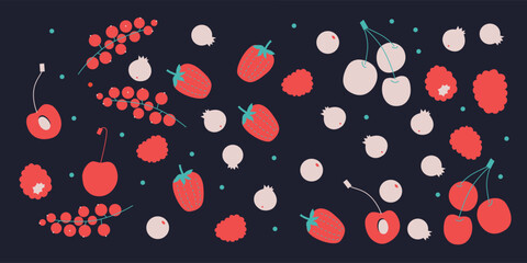 Appetizing fruit and berries collection. Decorative abstract horizontal banner with colorful doodles. Hand-drawn modern illustrations with fruit and berries, abstract elements. Abstract series