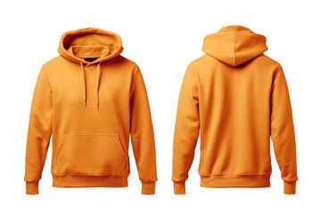 Blank orange hoodie in front and back view, mockup, white background, generative ai