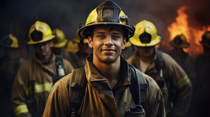 Fototapeta premium Portrait of a brave fire fighter. ai generated 
