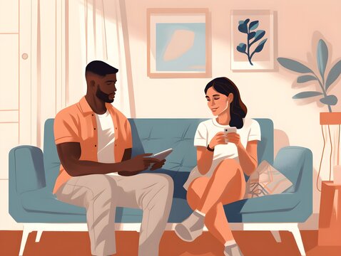 Young happy man and woman sitting on a couch both using phones and laptops. Simple design colorful illustration created with Generative AI technology  