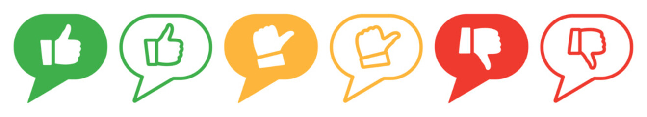 Set of thumb icons. Rating thumb symbols, feedback bubble. Thumb up, thumb down, thumb in the middle. Vector.