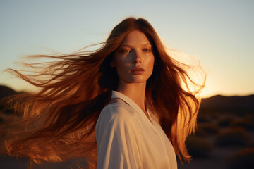 Fototapeta premium portrait of a woman/model/book character in a close up with long dark brown hair in a fashion/beauty editorial advertisement magazine style film photography look redhead - generative ai art 