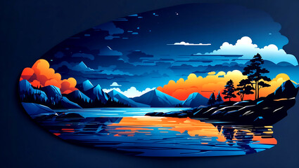 Dark blue color background Gvector t-shirt design ready to print, while sitting near a lake in the hills, side view
