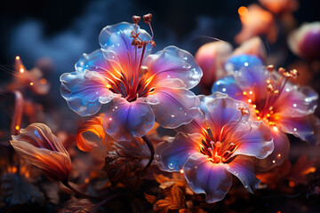 Fantastic glowing flowers on black background, abstract floral wallpaper, magical blooming garden