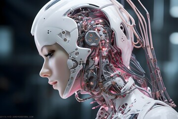 Futuristic female robot created with Generative AI technology  