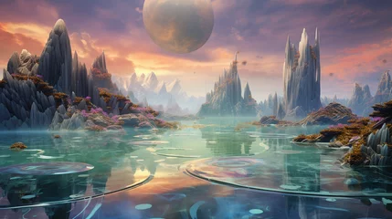  A vivid, lifelike image of a surrealist digital art piece, an otherworldly landscape with floating islands and inverted waterfalls in iridescent colors © Marco Attano