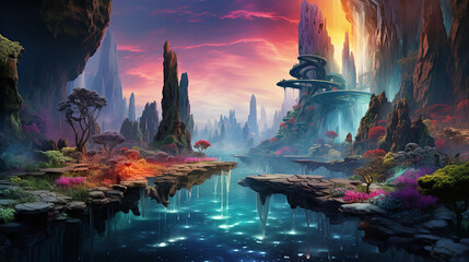 A vivid, lifelike image of a surrealist digital art piece, an otherworldly landscape with floating islands and inverted waterfalls in iridescent colors - obrazy, fototapety, plakaty
