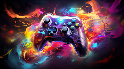 a console controller morphing into a mythical beast, vibrant colors, cosmic background, mid - transformation, dynamic and fluid shapes, glowing, electrifying energy, surreal - obrazy, fototapety, plakaty