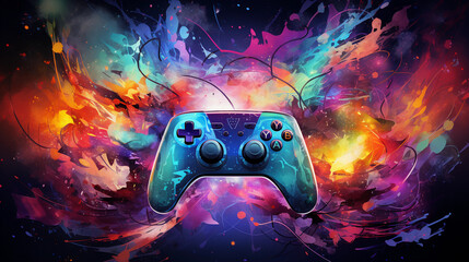 a console controller morphing into a mythical beast, vibrant colors, cosmic background, mid - transformation, dynamic and fluid shapes, glowing, electrifying energy, surreal