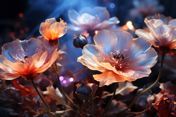 Fantastic glowing flowers on black background, abstract floral wallpaper, magical blooming garden