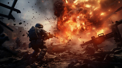 Action packed scene from a first - person shooter game, player's perspective, hyper - realistic, high detail weapon in foreground, enemy in crosshairs, battlefield environment, smoke, debris, dramatic