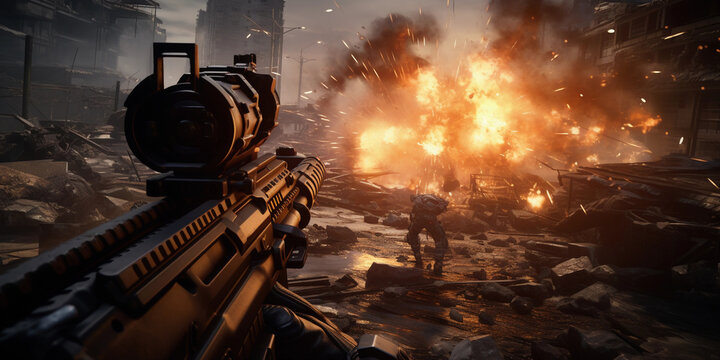 Action packed scene from a first - person shooter game, player's perspective, hyper - realistic, high detail weapon in foreground, enemy in crosshairs, battlefield environment, smoke, debris, dramatic