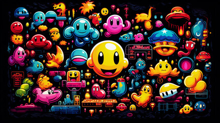 Retro pixel art depicting classic arcade games, 8 - bit style, colorful game characters and elements, simple, nostalgic, fun, on a black background