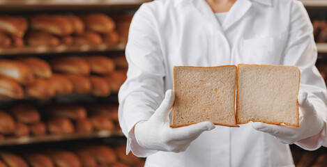 Closeup texture of bread for toast in hands of baker, difference between varieties of gluten-free...