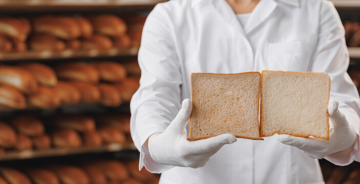 Closeup texture of bread for toast in hands of baker, difference between varieties of gluten-free pastries. Industrial food production