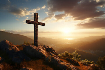 Sacred Christian Cross Rising Above Serene Hills
