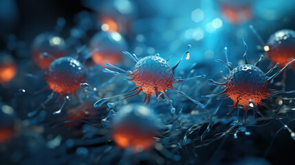 Luminous Enigma: Close-Up View of a Glowing Blue Virus. Generative AI - obrazy, fototapety, plakaty
