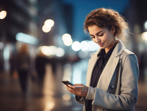 Close-up Image Of Business Woman Watching Smart Mobile Phone Device Outdoors. Businesswoman Networking Typing An Sms Message In City Street.