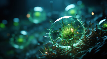 Luminous Intrigue: Close-Up View of a Glowing Green Virus. Generative AI