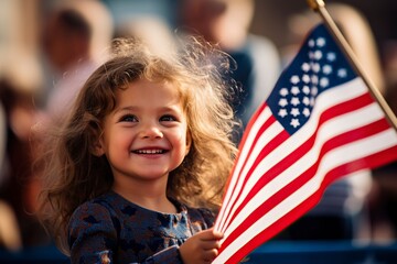 smiling girl waving an american flag in a parade