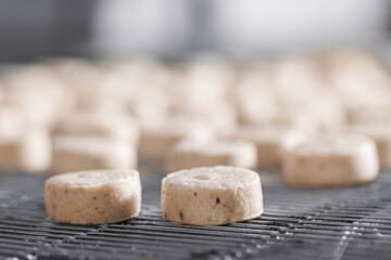 Chocolate production factory. Macro sweets candy move on industry conveyor