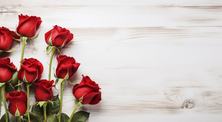 red roses on white wooden background AI generative 