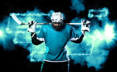 Ice hockey player in neon colors. Download high resolution photo for sports betting advertisement. Icehockey athlete in the helmet and gloves on stadium with stick. Sport concept. Sports wallpaper.