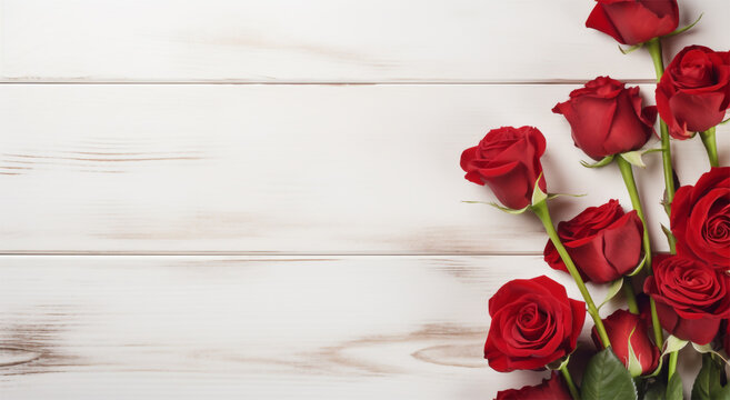 RED ROSES on white wooden background AI generative 