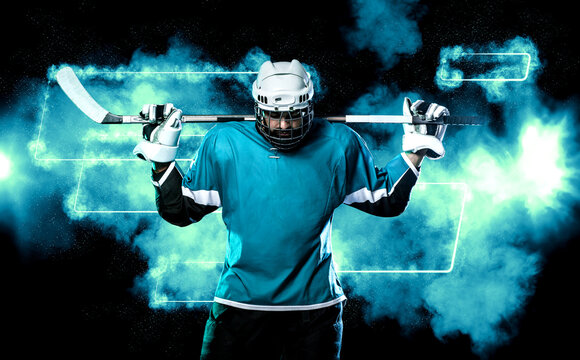 Ice hockey player in neon colors. Download high resolution photo for sports betting advertisement. Icehockey athlete in the helmet and gloves on stadium with stick. Sport concept. Sports wallpaper.