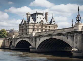 Fototapeta premium Beautiful Museum near the river, bridge over the river. Created with Generative AI technology.