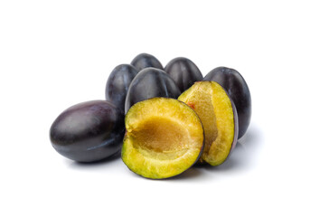 Plum Isolated, Whole Blue Prune, Ripe Fresh Plums, Dark Blue Healthy Fruits