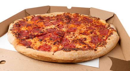 Pepperoni Pizza with Pickled Hot Jalapeno Peppers in Cardboard Delivery Box, Salami Pizza