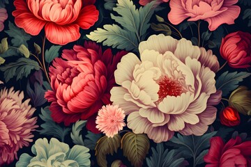 Beautiful fantasy vintage wallpaper botanical flower bunch,vintage motif for floral print digital background  created with Generative AI technology.