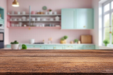 Background of a beautiful and bright kitchen with desk