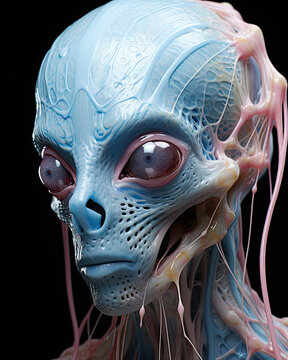 A Pink and Blue Alien Creature Portrait-Black Background