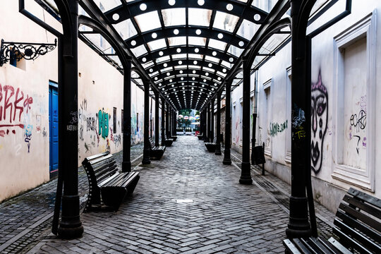 One of the passages in the center of Bistrita. Romania.