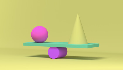 3D render composition balancing balanced geometric shapes on a yellow background.