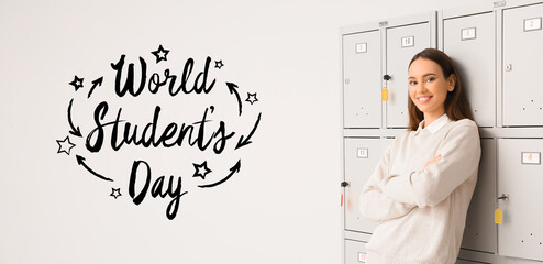 Greeting card for World Students Day with woman near locker