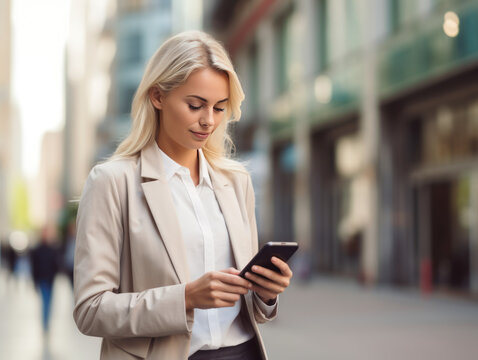 Close-up image of business woman watching smart mobile phone device outdoors. Businesswoman networking typing an sms message in city street.