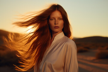 Fototapeta premium portrait of a woman/model/book character in a close up with long copper red hair in a fashion/beauty editorial advertisement magazine style film photography look redhead - generative ai art
